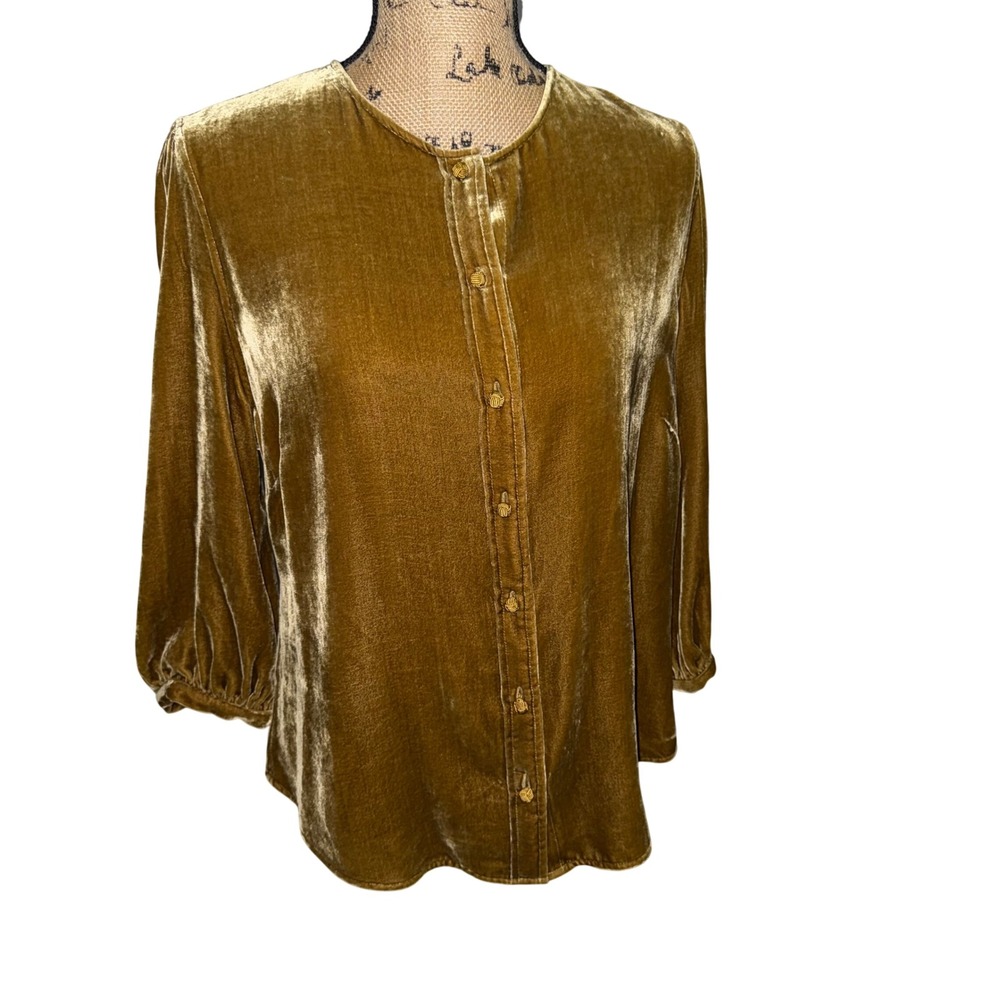 Soft Surroundings Blouse Womens M Gold Velvet Silk Blend Knot Button Boho Luxe